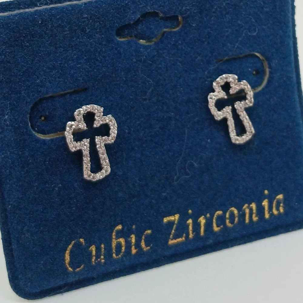 Micro Pave Vintage 1990s Cubic Zirconia Cross Stud Earrings Silver Tone Rare New